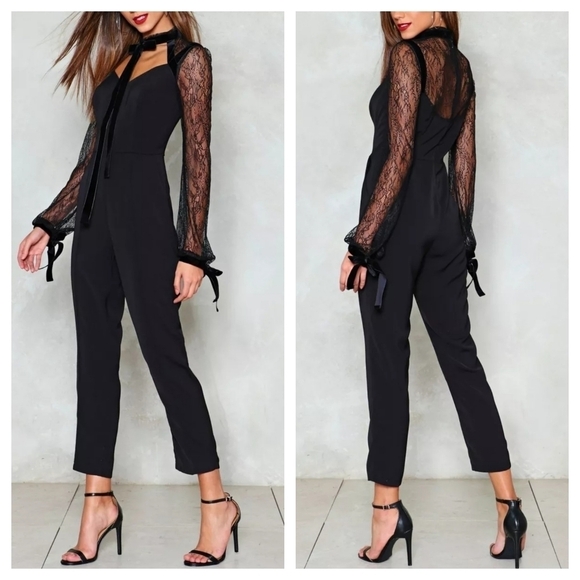 Nasty Gal "Lace Face It" Black Velvet Lace Jumpsuit